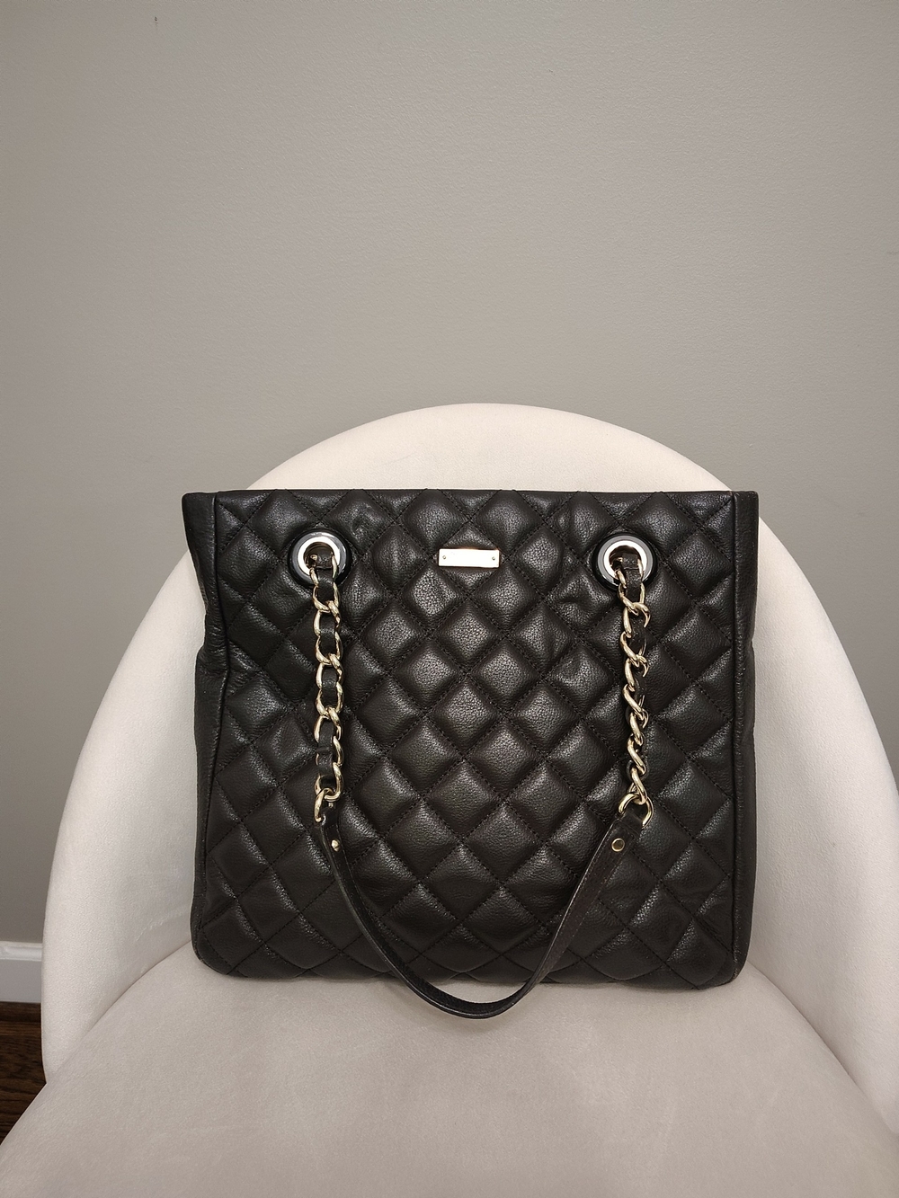 kate spade Gold Coast Black Quilted Leather Tote with Gold Chain Handles
